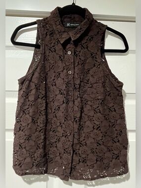 INC International Concepts Dark Brown Lace Button-Front Sleeveless Shirt